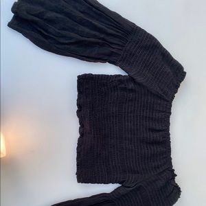 Black flute sleeve cold-shoulder crop top